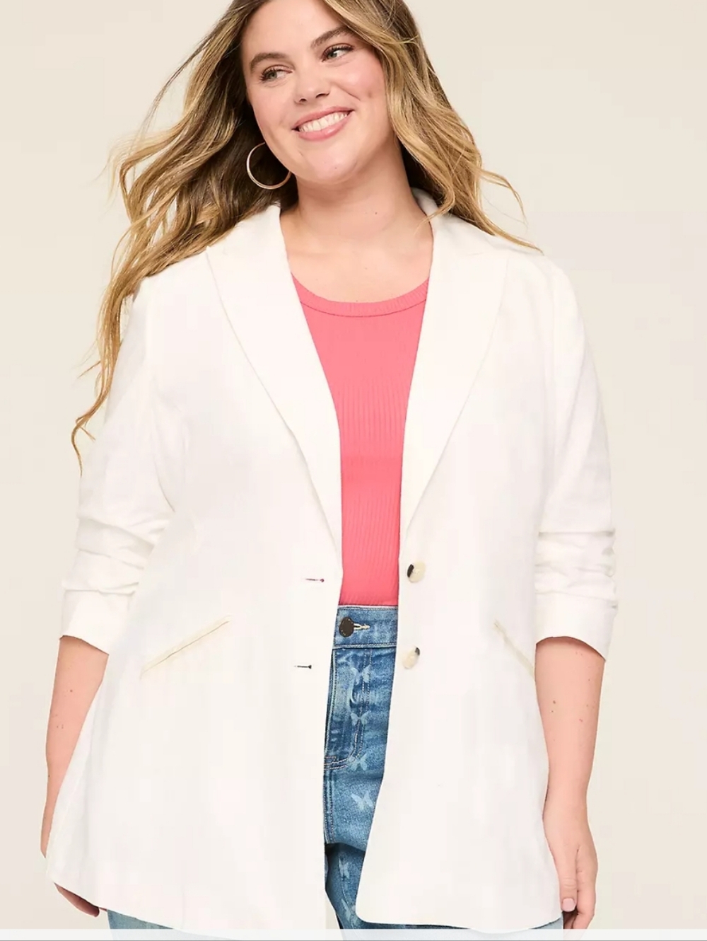 Lane Bryant Linen Two-Button Ruched-Sleeve Blazer #3546